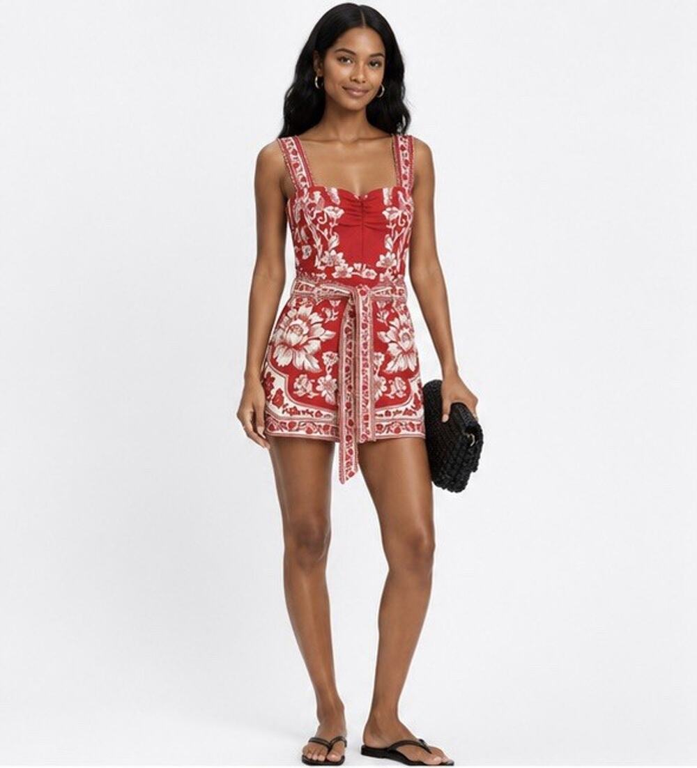NWT FARM Rio Guanacaste Belted Floral Linen Blend Romper Red White Large
